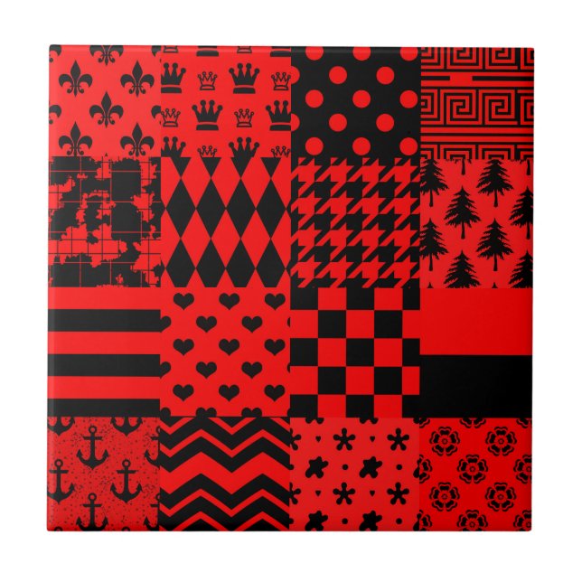 Red Black Mixed Patterns Patchwork Design  Ceramic Tile (Front)
