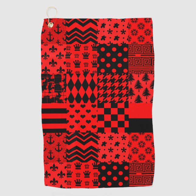 Red Black Mixed Patterns Patchwork Design  Golf Towel (Front)