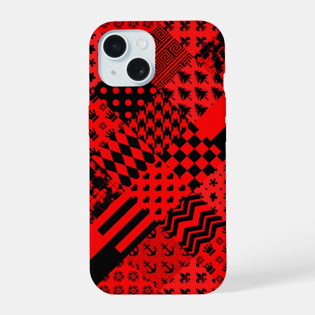 Red Black Mixed Patterns Patchwork Design  iPhone 15 Case (Back)