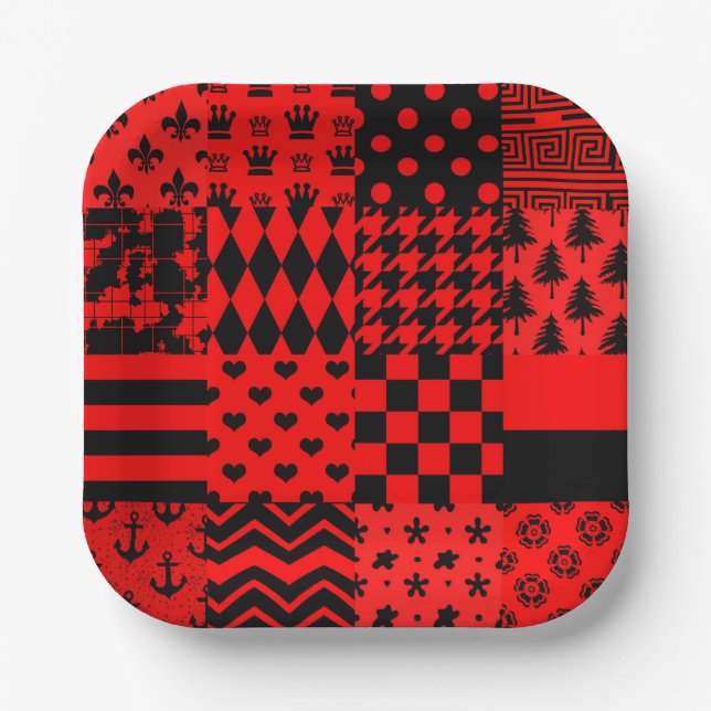 Red Black Mixed Patterns Patchwork Design  Paper Plate (Front)