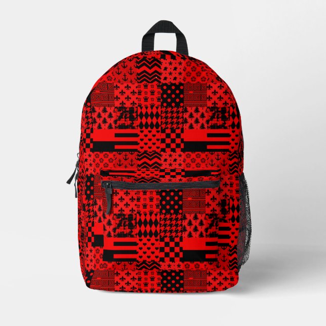 Red Black Mixed Patterns Patchwork Design  Printed Backpack (Front)