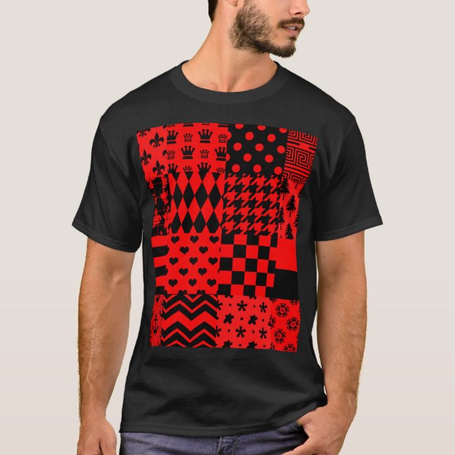 Red Black Mixed Patterns Patchwork Design  T-Shirt (Front)