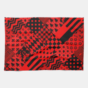 Red Black Mixed Patterns Patchwork Design Tea Towel