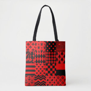 Red Black Mixed Patterns Patchwork Design Tote Bag