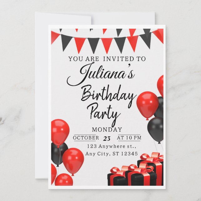 Red & Black Modern Birthday Party Invitation (Front)