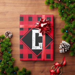 red & black modern buffalo plaid Monogram initial Wrapping Paper