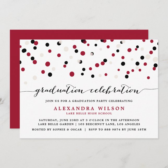 Red & Black Modern Confetti Dots Graduation Party Invitation (Front/Back)