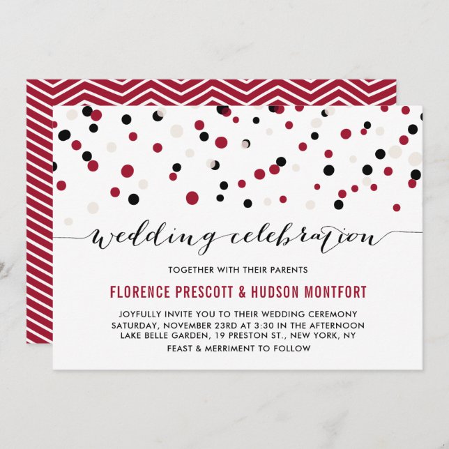 Red & Black Modern Confetti Dots Wedding Invitation (Front/Back)