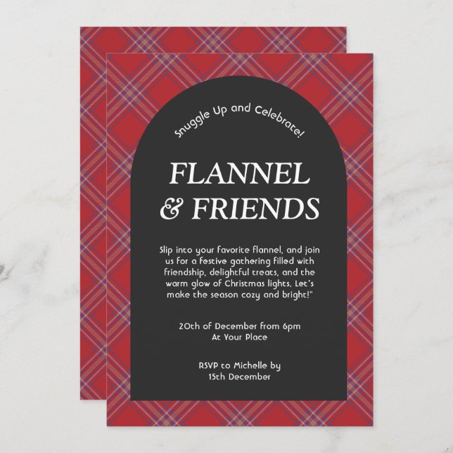 Red Black Modern Flannel and Friends Christmas Invitation (Front/Back)