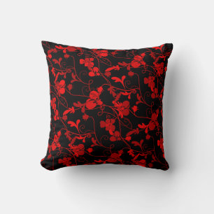 Red & Black Modern Floral Flourish Pattern Cushion