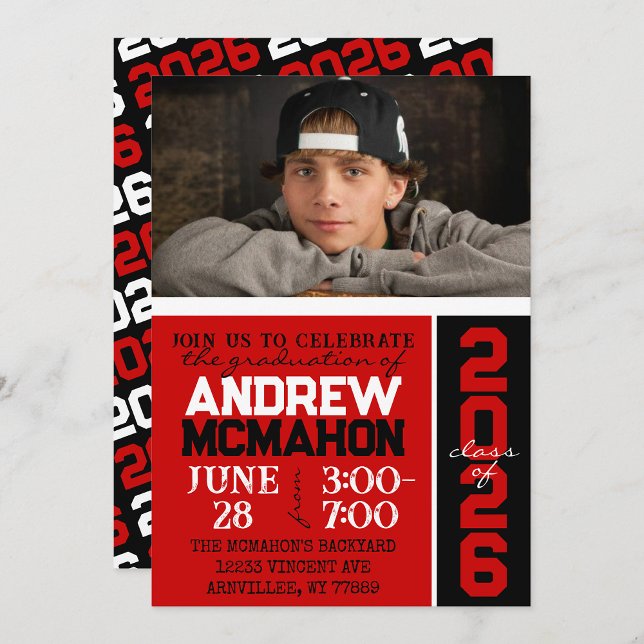 Red & Black Modern Graduation Photo Invitation (Creator Uploaded)