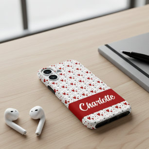 Red Black Modern Hearts Retro Monogram Name iPhone 16 Case