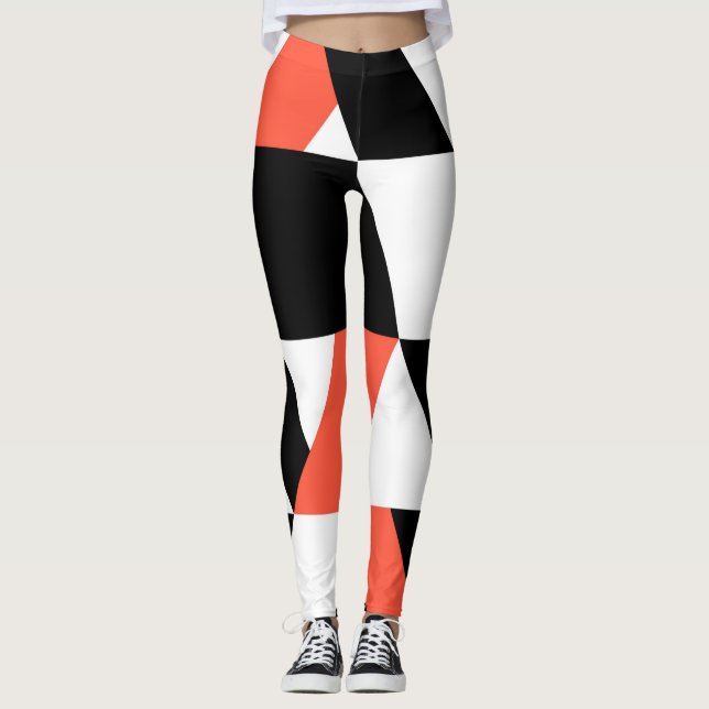 Red-black, modern, trendy, urban geometric design leggings (Front)