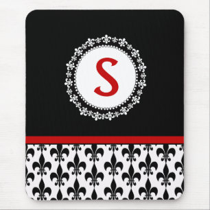 Red Black Monogram Fleur de Lis Mouse Pad