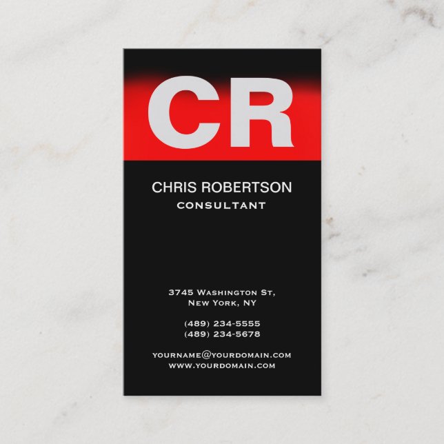 Red Black Monogram Standard Vertical Business Card (Front)