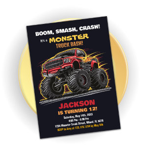 Red Black Monster Truck Birthday Invitations