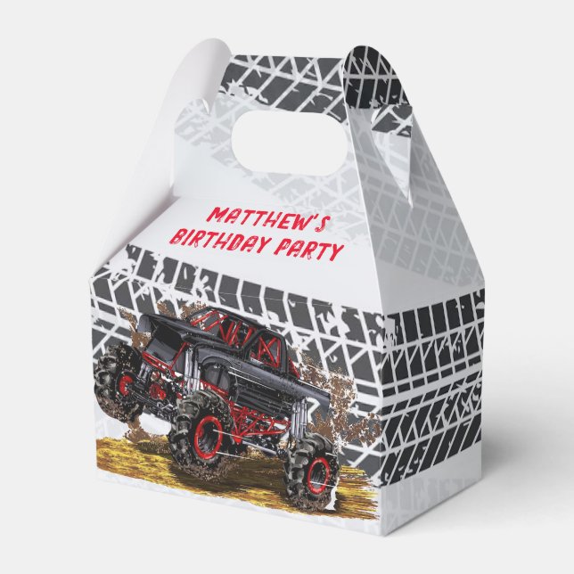 Red Black Monster Truck Birthday Party Favour Box (Front Side)