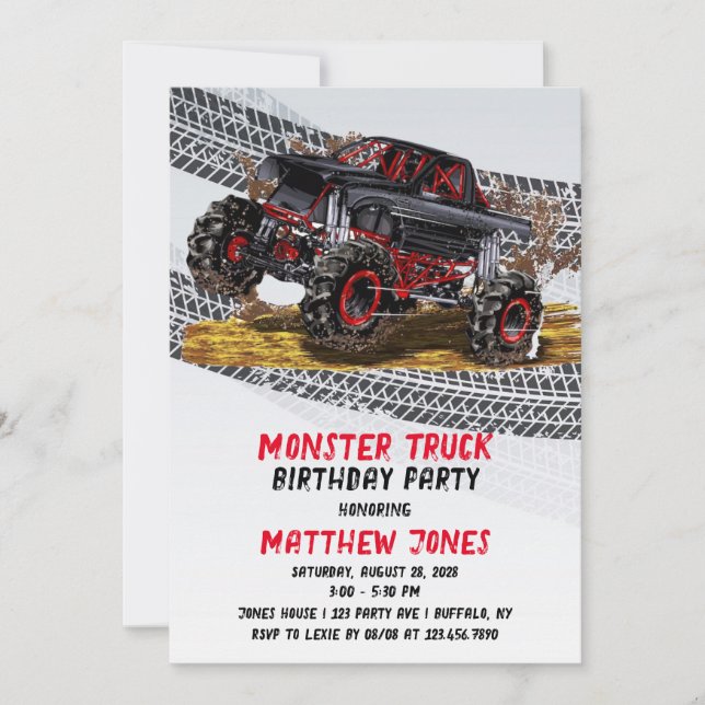 Red Black Monster Truck Birthday Party Invitation (Front)