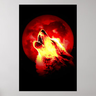 Red Black Motivational Wolf Howls Fullmoon Print