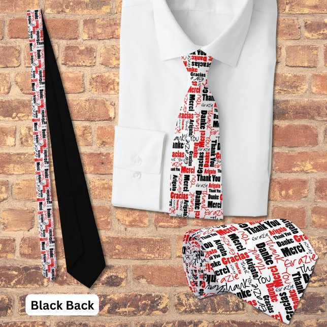 Red Black Multilingual Grateful Typography Collage Tie (Red and black multilingual thank you word cloud business tie. )