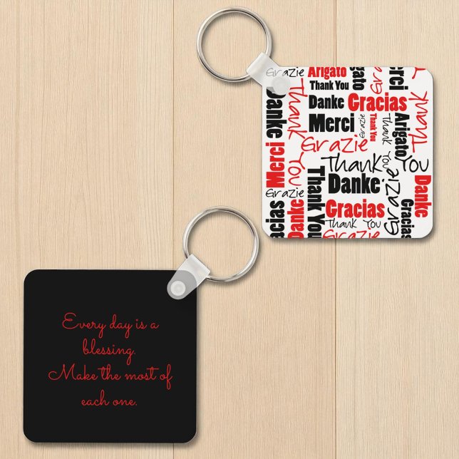 Red Black Multilingual "Thank You" Typography Key Ring (front and back key ring template on back )