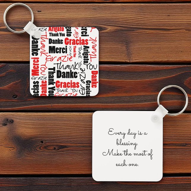 Red Black Multilingual "Thank You" Typography Key Ring (front and back of square key ring with template text on back)