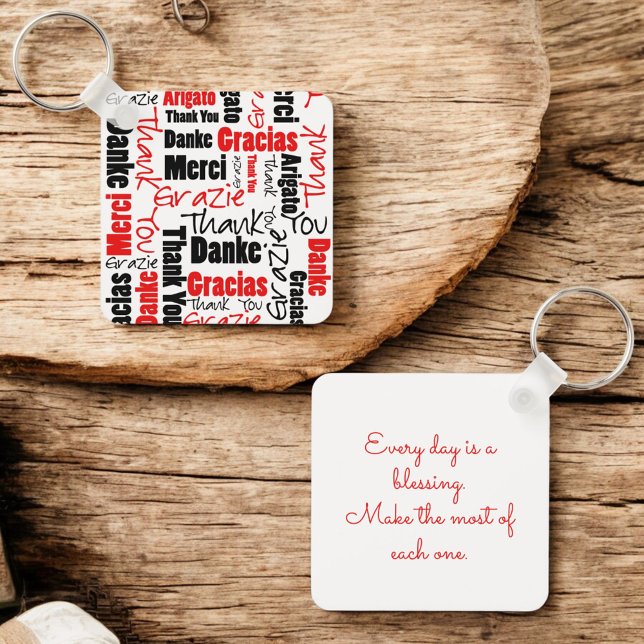 Red Black Multilingual "Thank You" Typography Key Ring (front and back key ring with template text on back)