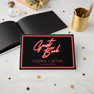 Red Black Neon Lights Last Vegas Wedding  Guest Book