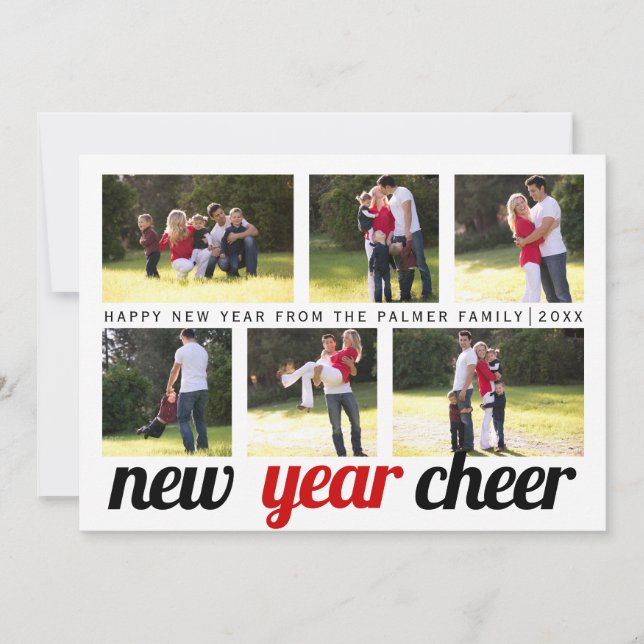 Red, black New Year Cheer six photo collage 2024 Holiday Card (Front)