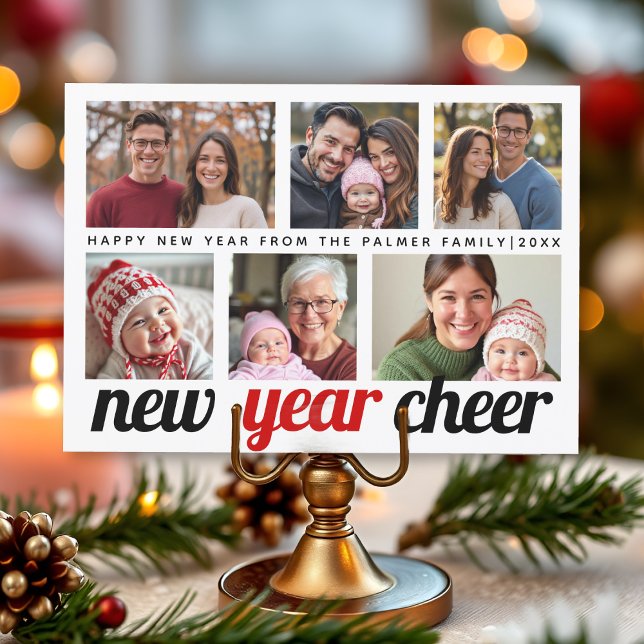 Red, black New Year Cheer six photo collage 2026 Holiday Card (Creator Uploaded)