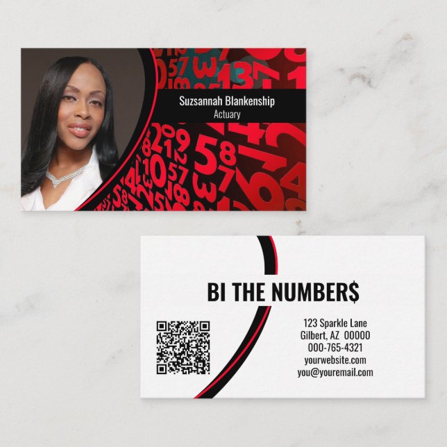 Red Black Numbers Custom Photo QR Code Business Card (Front/Back)