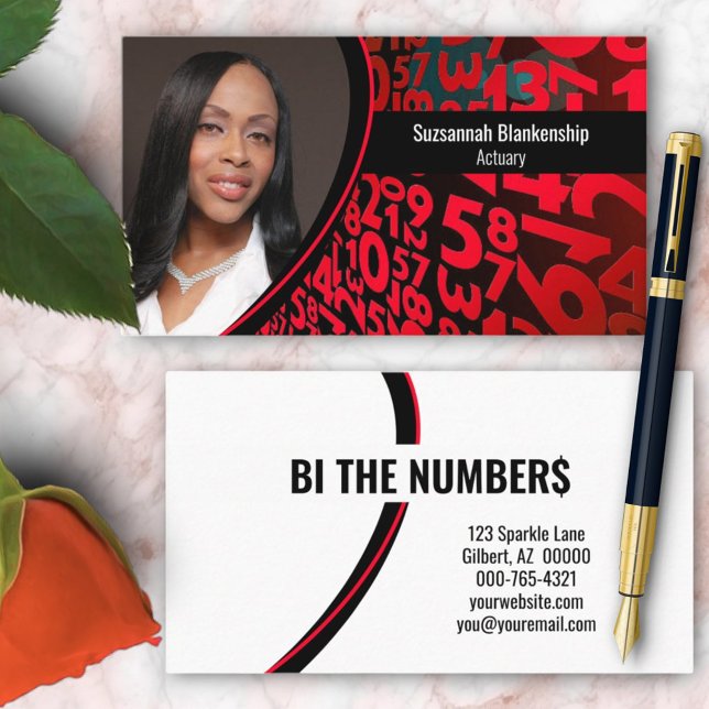 Red Black Numbers Custom Professional Photo  Business Card (business card front and back design)