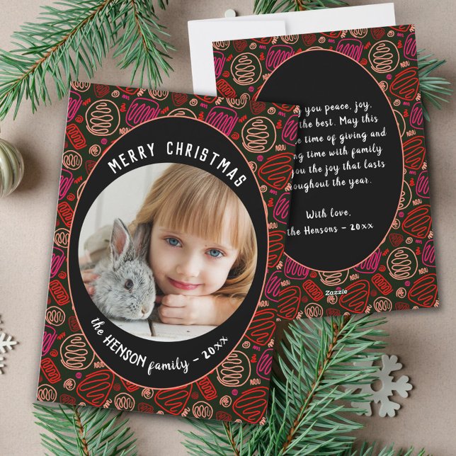 Red Black One line art Christmas Family Photo Holiday Card (Creator Uploaded)