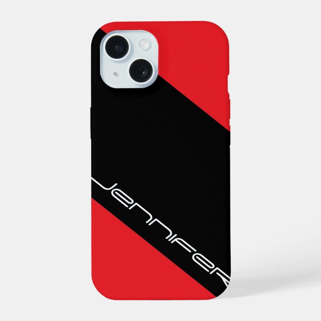Red & Black, One Stripe, Name, Minimalist iPhone 15 Case (Back)