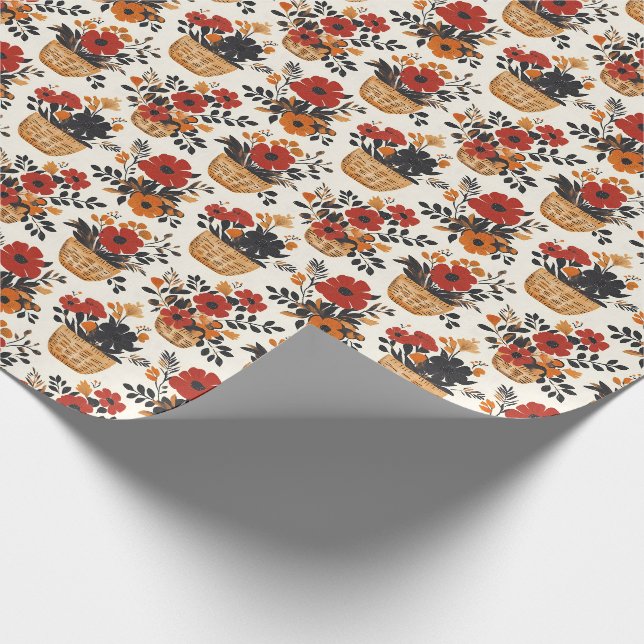 Red / Black / Orange Flowers in Baskets Wrapping Paper (Corner)