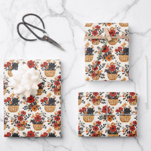 Red / Black / Orange Flowers in Baskets Wrapping Paper Sheet