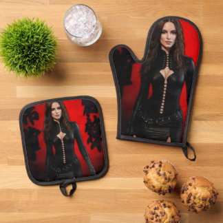 Red Black oven mitt & pot holder set