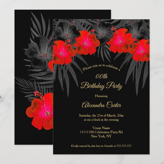 Red Black Palms Hibiscus Floral Tropical Birthday Invitation (Front/Back)