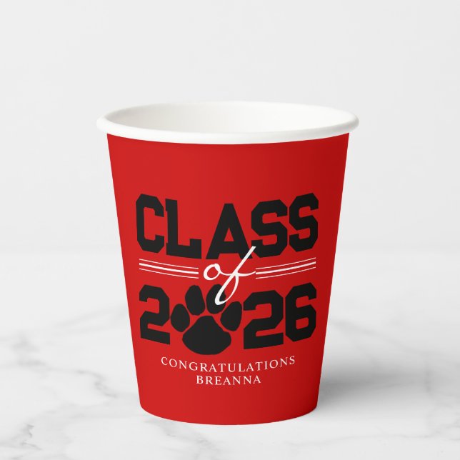 Red & Black Pawprint Class of Graduation Paper Cups (Front)