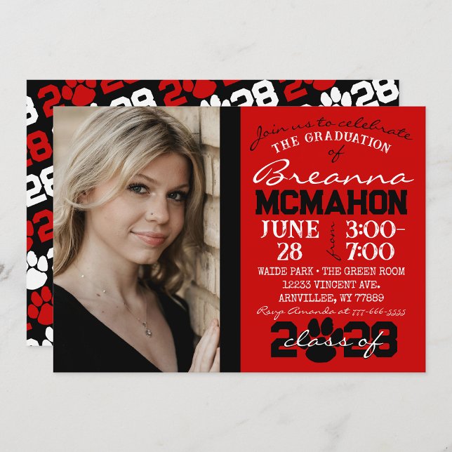 Red & Black Pawprint Graduation Photo Invitation ( Repeating Class Year 1 & 2 Photo Graduation Invitations & Announcements)