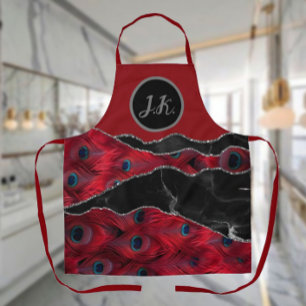 Red Black Peafowl Marble Agate Glam Apron
