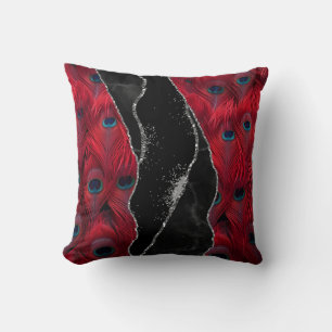 Red Black Peafowl Marble Agate Glam Cushion