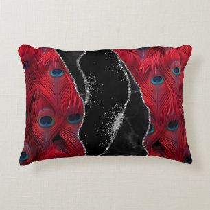 Red Black Peafowl Marble Agate Glam Decorative Cushion