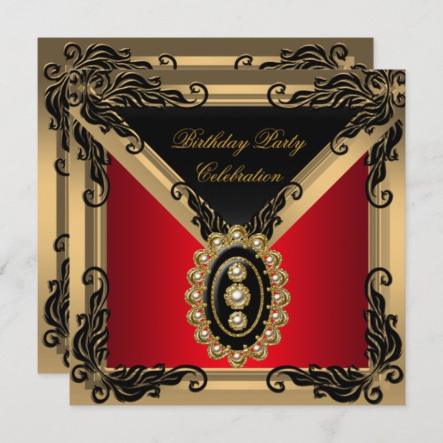 Red Black Pearl Gold Birthday Party Invitation (Front/Back)
