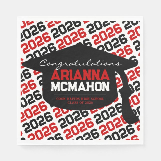 Red & Black Personalised Graduation Cap Paper Napk Napkin (Front)