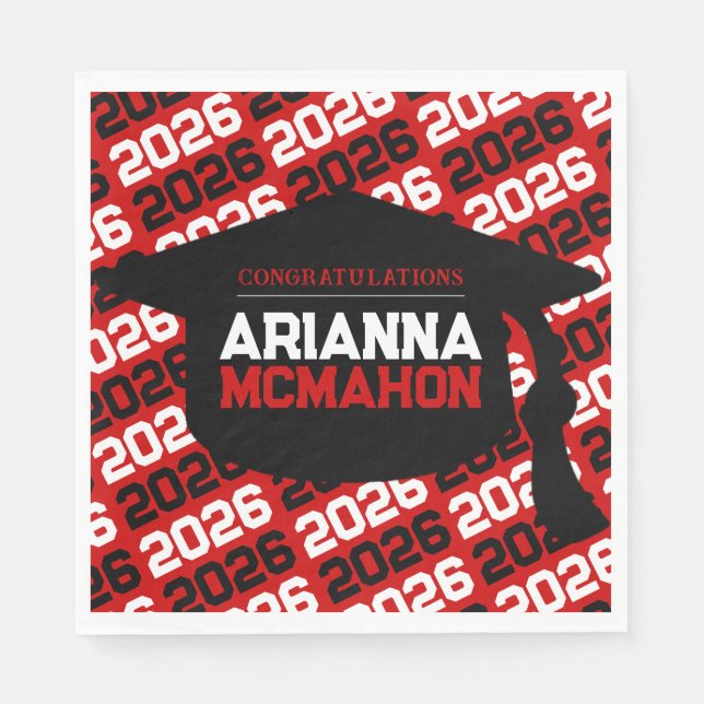 Red & Black Personalised Graduation Cap Paper Napkin (Front)