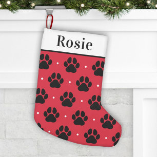 Red Black Pet Name Paw Print Monogram Small Christmas Stocking