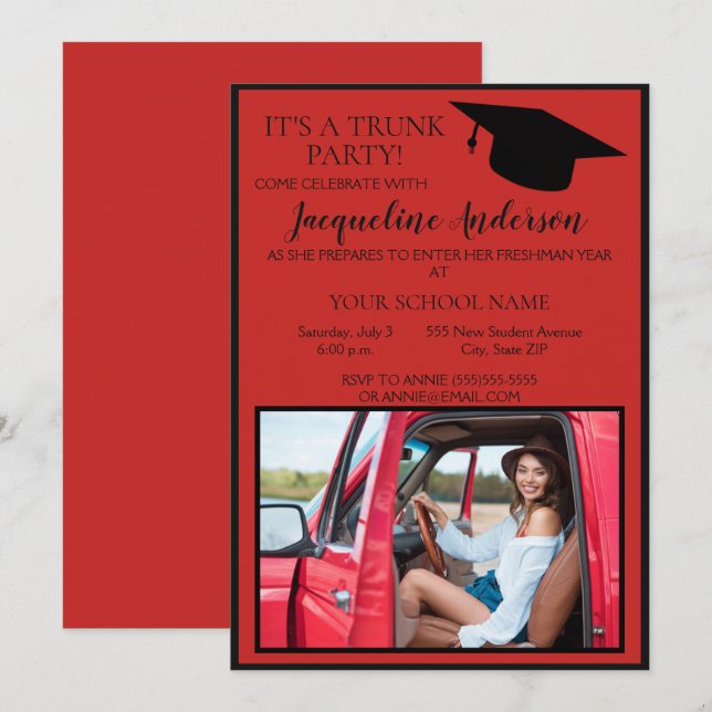 Red Black Photo College Trunk Party Invitation (Front/Back)