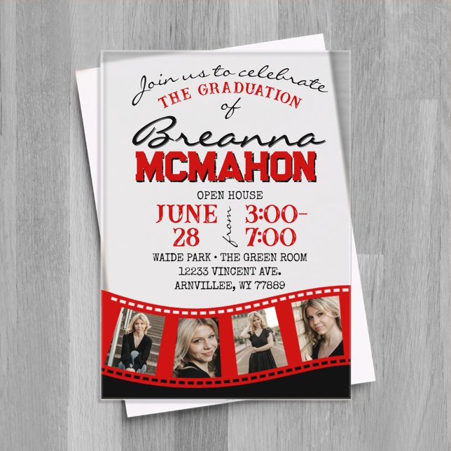 Red & Black Photo Graduation Filmstrip Frosted Acrylic Invitations (Unique Red & Black Photo Graduation Filmstrip 4 Photo Frosted Acrylic Invitations)
