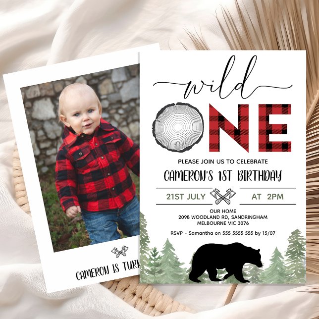 Red Black Photo Wild One Lumberjack 1st Birthday  Invitation (Wild One Lumberjack 1st Birthday Invitation with Photo, Lumberjack First Birthday Party Invite Boy)
